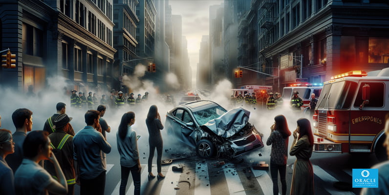 Ilustración de la escena de un accidente automovilístico con un vehículo dañado y personas preocupadas