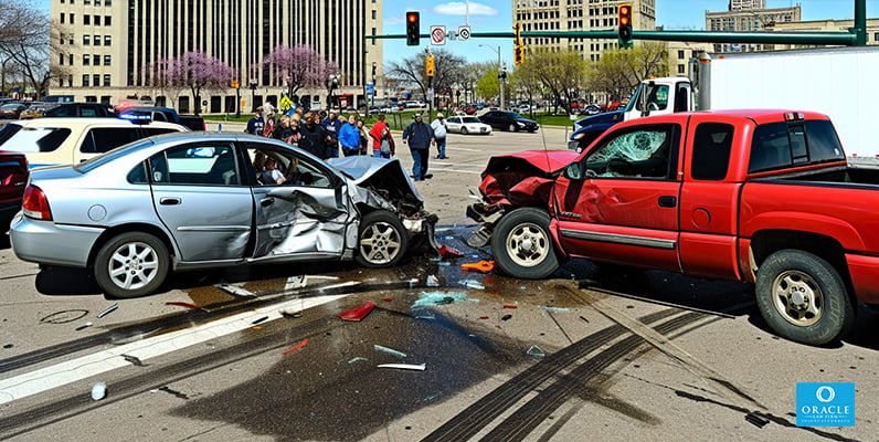 Escena de accidente automovilístico con vehículos dañados y escombros