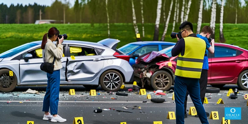 What to Do After a Car Accident That Wasn’t Your Fault: A Complete 2025 Guide 2 Documenting car accident scene with evidence markers and damaged vehicles
