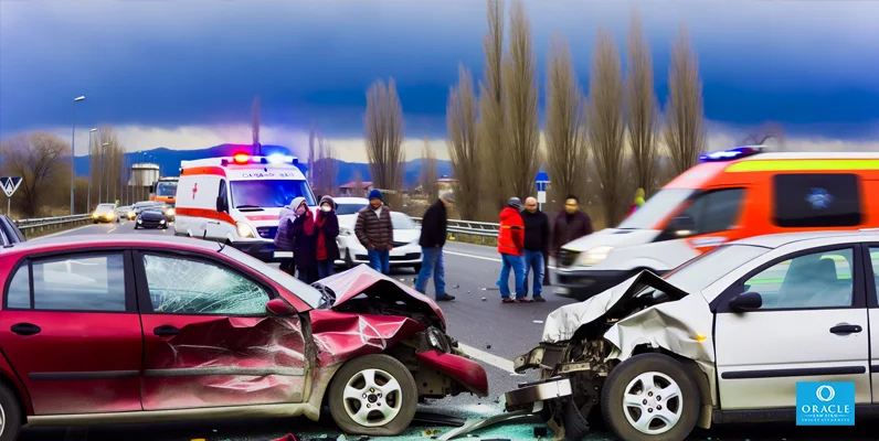 Escena de accidente automovilístico con vehículos dañados
