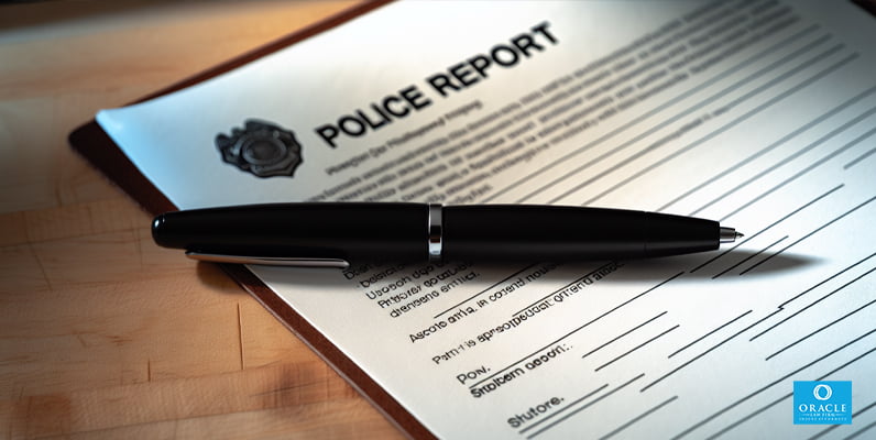 Documento de informe policial y bolígrafo sobre un escritorio.