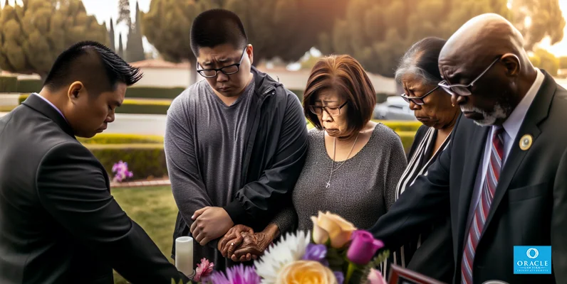Familiares en duelo tomados de la mano en un monumento conmemorativo
