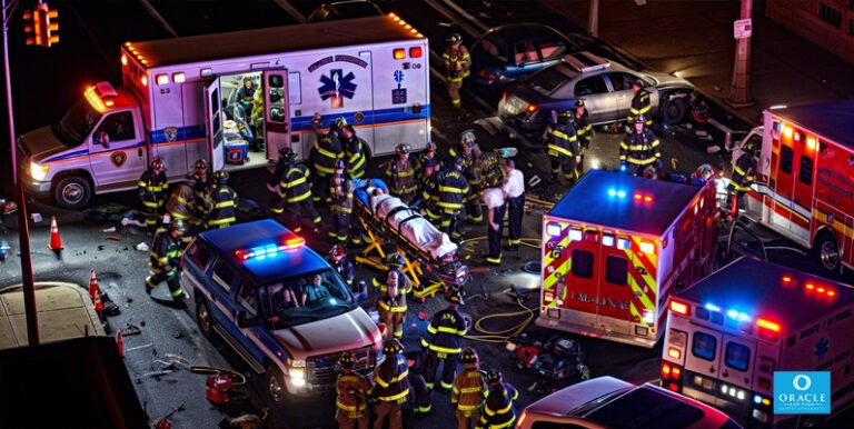 Emergency personnel responding to a fatal car accident