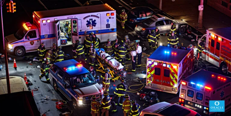 Personal de emergencia respondiendo a un accidente automovilístico fatal