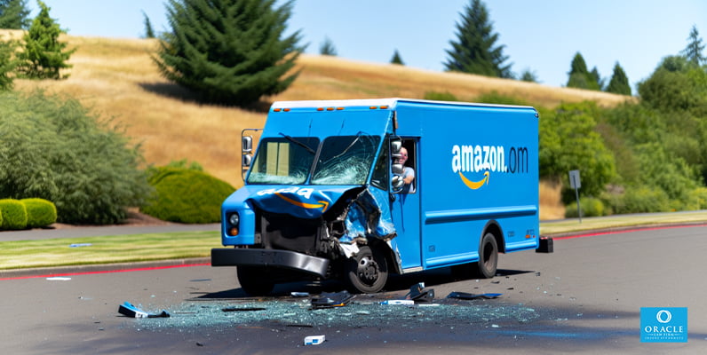 Damaged Amazon delivery truck after an accident