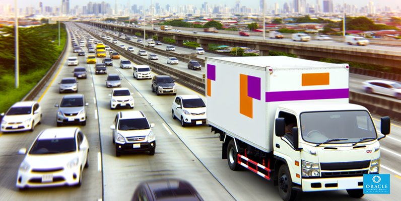 A blurred image of a FedEx truck on a highway