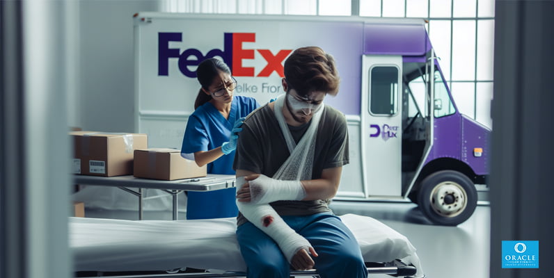 Una ilustración que muestra a una persona recibiendo atención médica después de un accidente de FedEx.