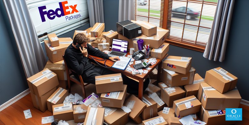 An illustration of a person filing an insurance claim with FedEx's insurance company