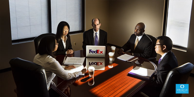 A photo of a group of attorneys discussing a FedEx accident case