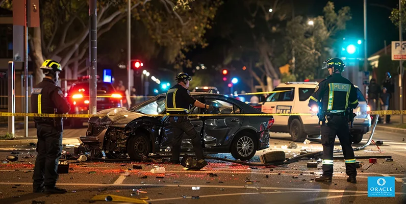 An photo of a police officers at a car accident scene.