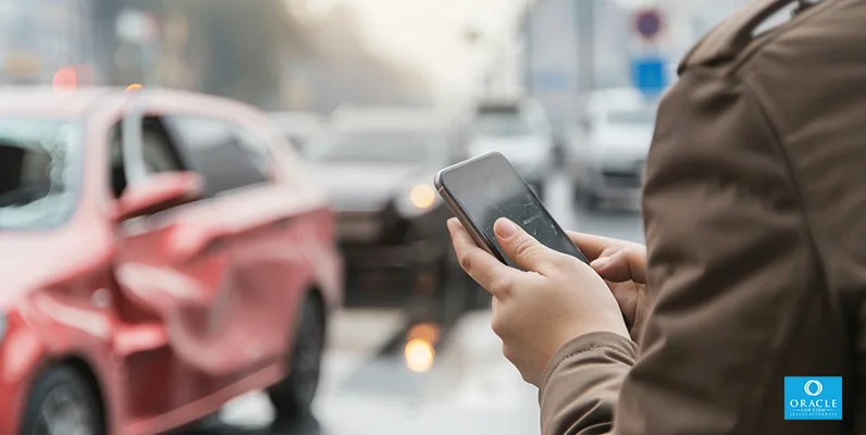 A photograph of a person on the phone discussing a car accident case with a lawyer.