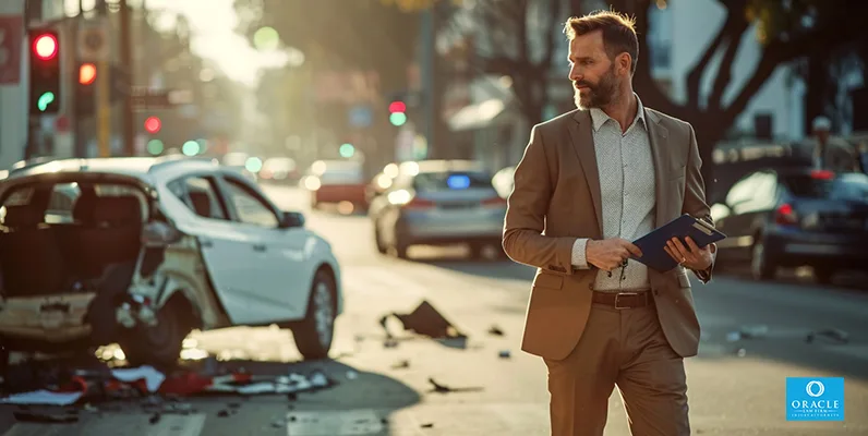 Qué hacer si sufres lesiones en un accidente de transporte compartido 4 Un trabajador de una compañía de seguros evalúa los daños de un accidente automovilístico.
