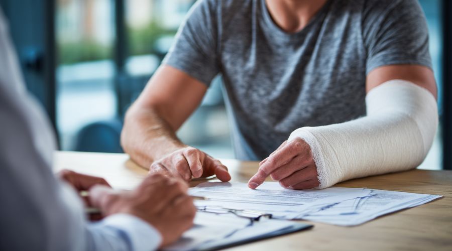 Una persona lesionada con un discreto cabestrillo para el brazo sentada frente a un escritorio frente a un ajustador de seguros en un entorno de oficina neutral, ambos revisando y discutiendo documentos de reclamo impresos esparcidos sobre la mesa, el ajustador señalando una sección del papeleo mientras la persona lesionada escucha atentamente, atmósfera tranquila pero seria, suave luz natural de ventana, decoración de oficina moderna y profesional.