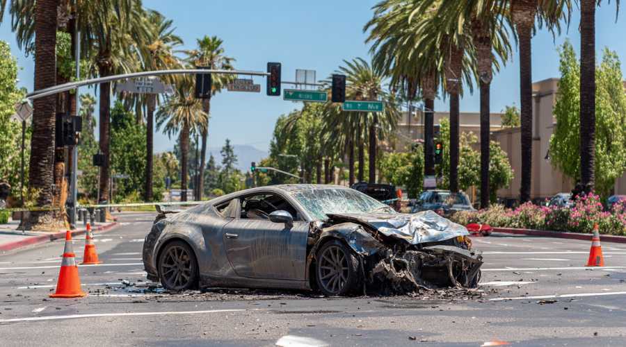 A candid daytime shot of a severe car accident at a busy Anaheim intersection