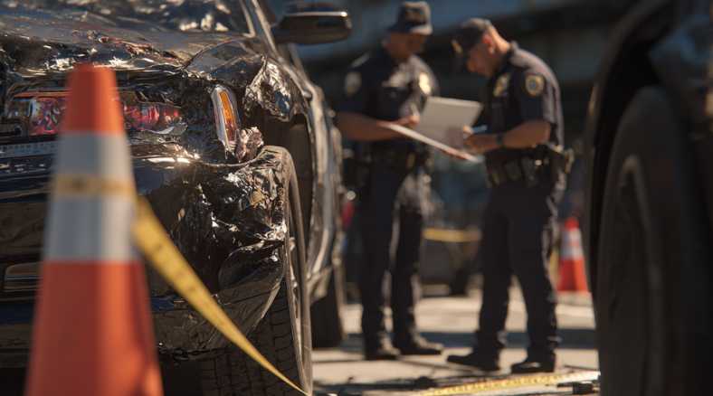 A post-accident investigation scene showing a police officer examining vehicle damage while another officer takes notes. Measuring tape and traffic cones visible.