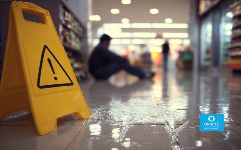 slip and fall accident scene inside a commercial property, adult individual seated on the floor after a fall (no visible injury), wet floor area with no warning sign nearby, polished tile flooring, subtle reflections, neutral indoor lighting, blurred background of a grocery store or office lobby, calm and factual tone, no text, no logos, no exaggerated drama,