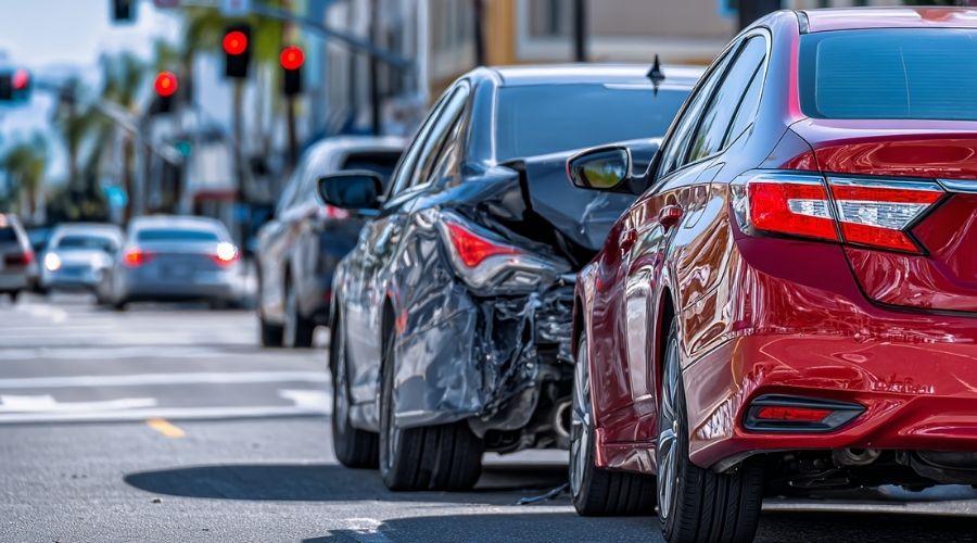 Dos sedanes modernos se detuvieron después de un accidente automovilístico por alcance en una calle de una ciudad de California, el automóvil trasero con el parachoques delantero arrugado, el automóvil delantero con el parachoques trasero abollado y el tráfico se detuvo detrás de ellos.
