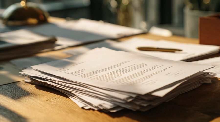 Papeleo en el escritorio, cartas de negación e informes médicos visibles, expresión emocional realista, sombras suaves, iluminación interior natural, estilo de fotografía legal documental.