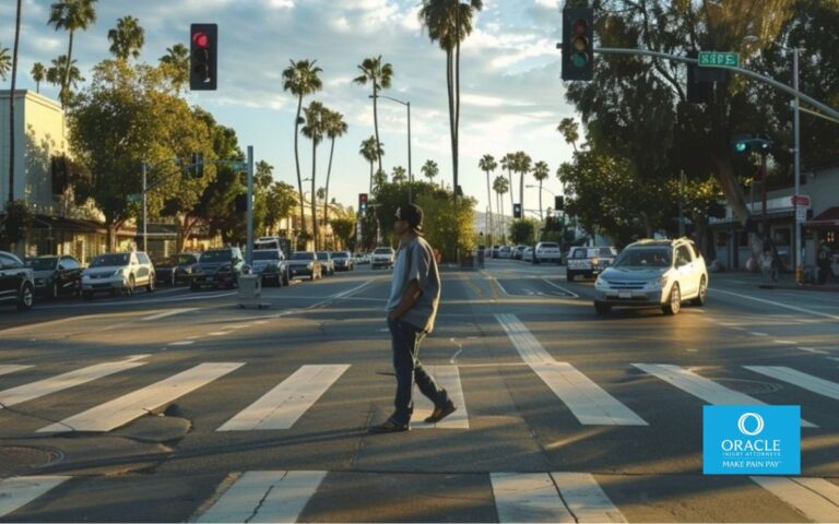 pedestrian walking through a busy Santa Ana intersection, visible crosswalk and traffic signals, urban Southern California setting, cars stopped nearby, realistic daylight, neutral tones