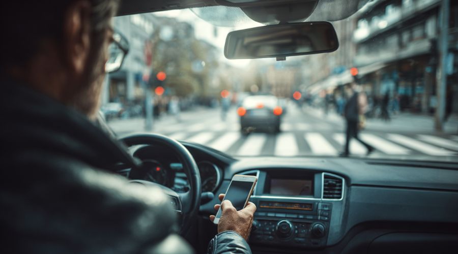 Conductor dentro de un automóvil mirando su teléfono inteligente mientras se acerca al cruce peatonal, peatón visible a lo lejos, interior realista de un vehículo moderno, tono serio, poca profundidad de campo.