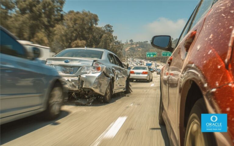 rear-end accident beginning on a busy California highway, first two cars damaged, third car braking behind, realistic traffic conditions.