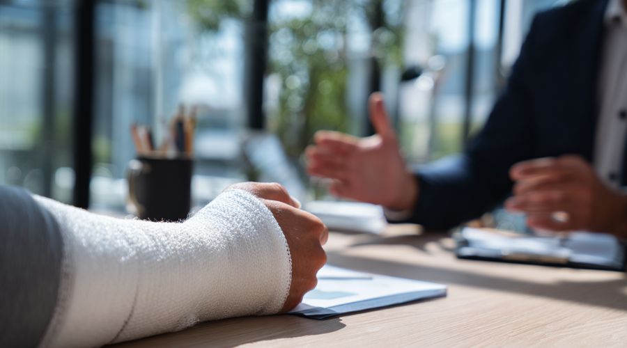 What Injured Workers Should Know About California Workers’ Comp 2 An injuried employee wearing an arm cast speaking with an HR representative in a private office, calm professional discussion, neutral modern workspace, soft daylight