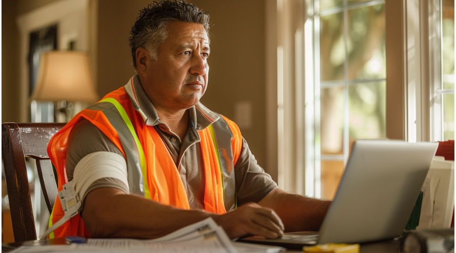 Trabajador de la construcción con chaleco de seguridad y cabestrillo sentado en su casa, con computadora portátil y recibos de pago sobre la mesa, expresión de preocupación por la pérdida de ingresos, fotografía de estilo de vida realista, iluminación natural suave, tonos neutros.