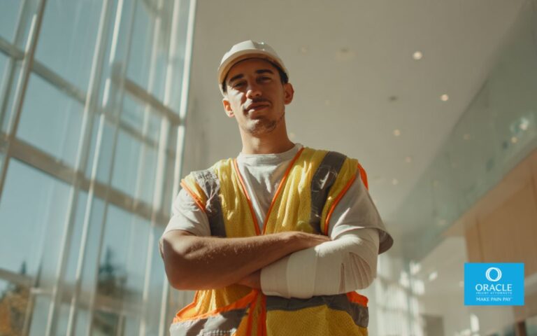 young injured latino construction worker in California standing confidently with medical paperwork, subtle injury support visible, bright natural light, clean professional environment