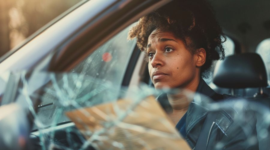 A car accident victim seated in a parked vehicle, holding an insurance settlement letter but looking thoughtfully out the windshield, daylight urban California setting, subtle rear-end damage visible outside the car