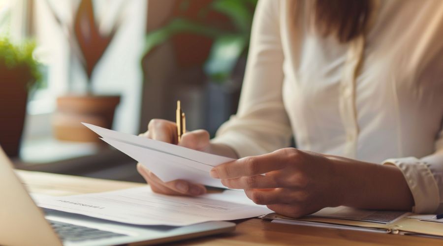 A person confidently closing an insurance envelope while consulting legal documents at a clean desk, soft natural lighting, composed and thoughtful mood, modern professional setting