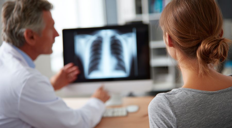 Un médico moderno y un paciente discuten una radiografía de tórax en una pantalla de computadora en una clínica, vista lateral. La joven está sentada en el escritorio de espaldas a la cámara, mientras el profesional médico masculino de mediana edad muestra imágenes del área de la clavícula de una prueba de radiografía. La escena simboliza el concepto de salud interna de todo el cuerpo.