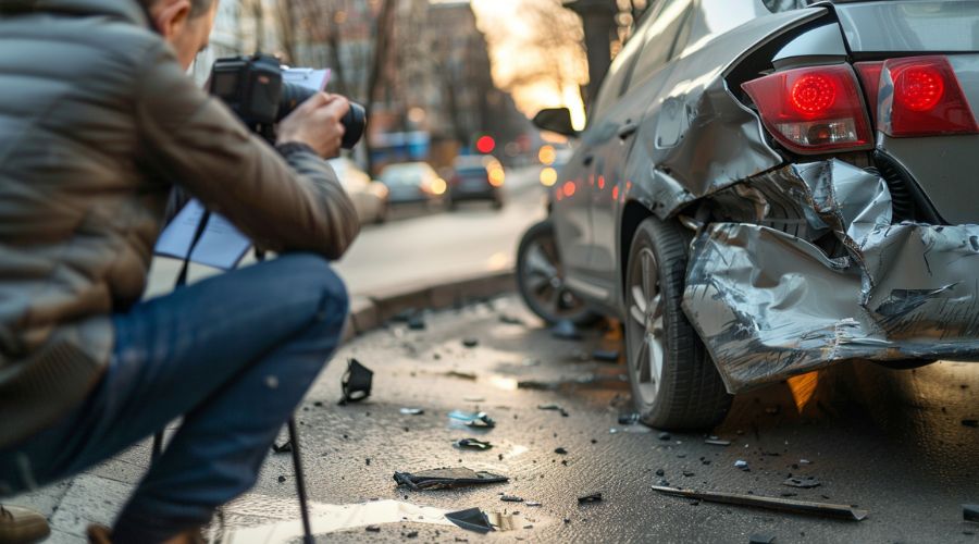 Un ajustador de seguros fotografía los daños de un vehículo en una calle de la ciudad después de un accidente, con un portapapeles debajo del brazo, un parachoques dañado y una luz trasera visibles, luz natural al final de la tarde.
