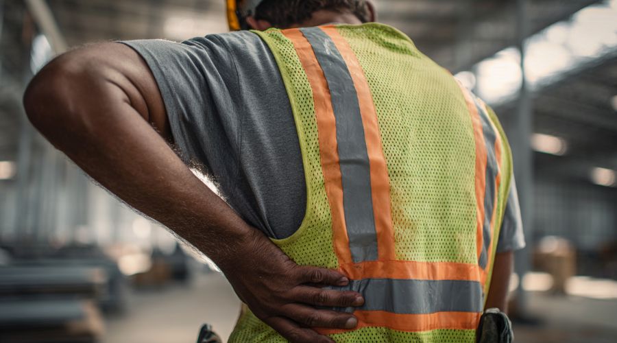 What Injured Workers Should Know About California Workers’ Comp 1 A California worker wearing safety gear on a job site, pausing to stretch their back and wrist, subtle discomfort visible, industrial or warehouse setting, natural light