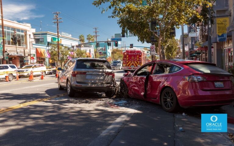 A realistic daytime photo of a car accident scene in Costa Mesa on a busy city street, with two vehicles pulled safely to the side.