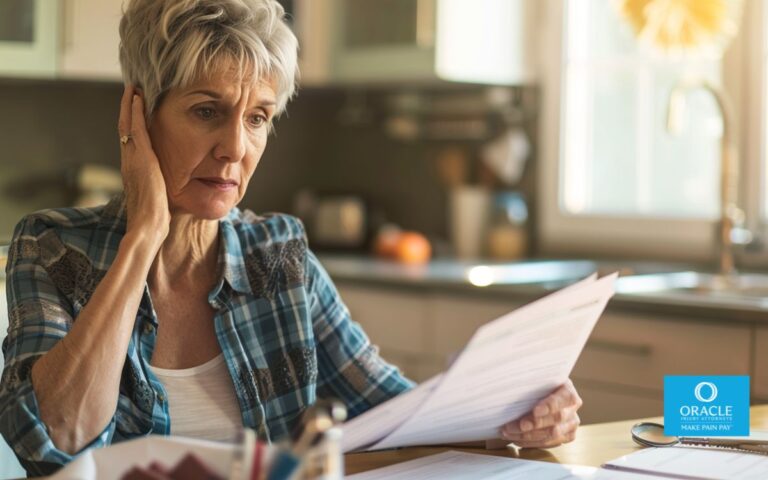 An adult car accident victim sitting at a kitchen table, reviewing insurance paperwork with a thoughtful, cautious expression, medical documents and a clipboard nearby, soft natural window light, neutral modern home interior.