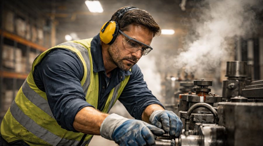 Industrial worker wearing protective gloves and safety goggles working with machinery, subtle suggestion of hazard environment, factory setting with steam.