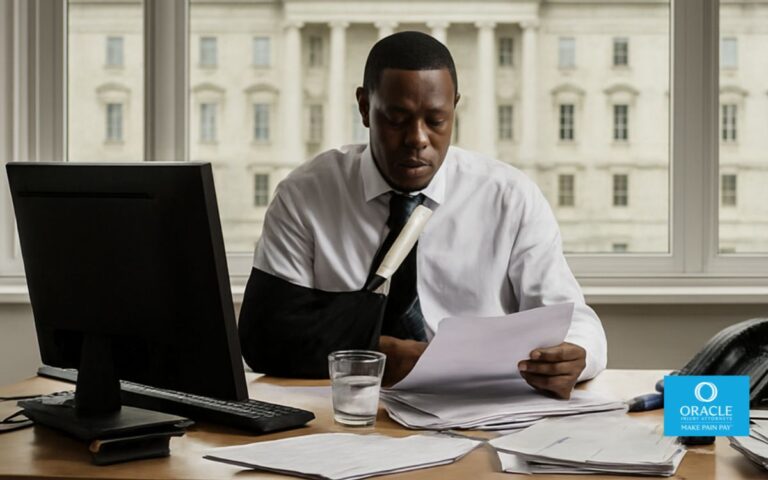 An image of an injured worker sitting at a desk reviewing legal documents with a concerned expression, workplace setting subtly blended with a courthouse background, natural window lighting, professional atmosphere.