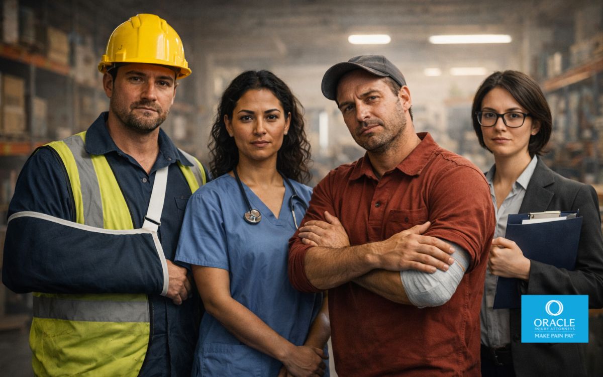 Grupo diverso de trabajadores, incluido un trabajador de la construcción, un empleado de almacén, una enfermera y un trabajador de oficina de pie juntos en un entorno laboral, un trabajador con un cabestrillo en el brazo, expresiones serias pero esperanzadas, antecedentes industriales.