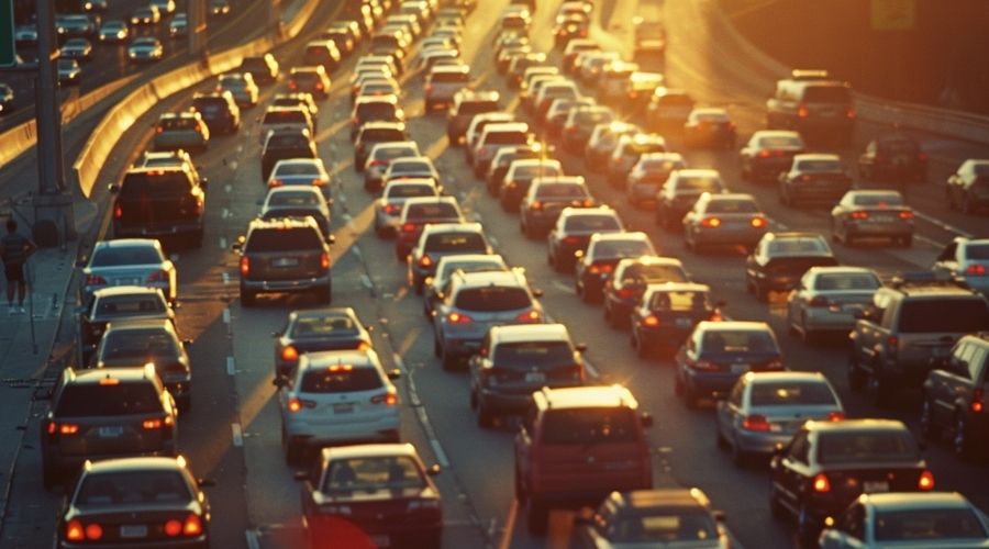 Accidente de varios vehículos en una concurrida autopista del sur de California durante la hora punta, congestión de tráfico realista, varios vehículos detenidos
