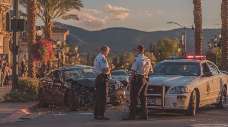 Realistic two-car accident at a Temecula intersection, minor front-end damage, both drivers standing apart speaking separately with police officer taking notes, evening light, visible street signs and palm trees, documentary news-style photography, sharp detail, natural posture and expressions.
