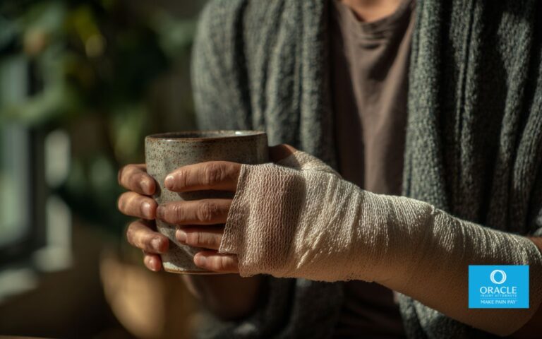A personal injury victim struggling with everyday tasks, such as slowly holding a cup with difficulty, subtle medical bandaging visible, indoor home setting, natural light, muted colors, conveying ongoing pain, discomfort, and reduced quality of life