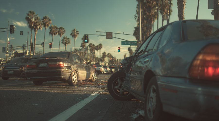Qué hacer después de un accidente automovilístico en Anaheim, CA 1 Escena de un accidente automovilístico en Anaheim, California, en una calle transitada cerca de palmeras y letreros de la ciudad. Dos vehículos dañados se detuvieron a un lado de la carretera, con las luces de emergencia encendidas, con el tráfico de fondo. Luz natural al final de la tarde, ambiente tranquilo pero serio, sin heridos visibles ni caos de emergencia.