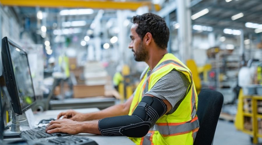 Regreso al trabajo después de una lesión laboral 2 Empleado con brazalete realizando una tarea administrativa ligera en un escritorio dentro de una instalación industrial, chaleco de seguridad visible, maquinaria borrosa en el fondo, luz natural, fotografía editorial profesional, alto nivel de detalle, tono serio
