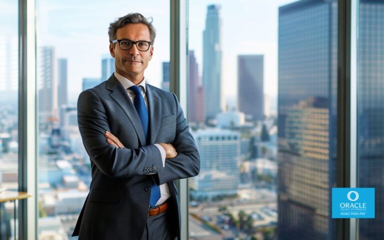 confident corporate personal injury attorney in modern glass office overlooking Southern California cityscape, professional attire, serious expression, natural daylight, clean minimalist background, realistic photography