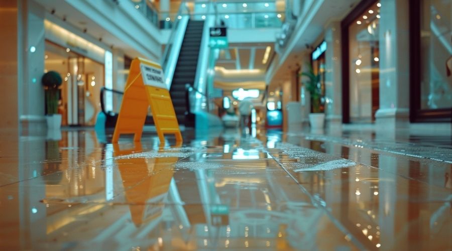 Piso mojado en el vestíbulo de un centro comercial de lujo, señal de precaución visible, piso de mármol pulido, iluminación realista, estilo de fotografía documental.