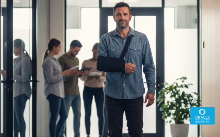 Injured worker wearing arm sling walking through office corridor, coworkers blurred in background, natural lighting, realistic photography, hopeful but serious mood