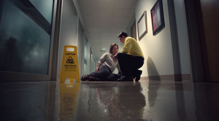 Slip and fall scene inside a commercial building, caution sign near a wet floor, employee on the ground holding their wrist while a coworker kneels to help, office hallway environment