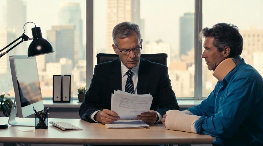 Can You Sue an Employer Outside of Workers’ Comp? 3 Professional attorney in modern law office reviewing case file with injured worker seated across desk, warm natural lighting, city skyline visible through window, serious and reassuring atmosphere.