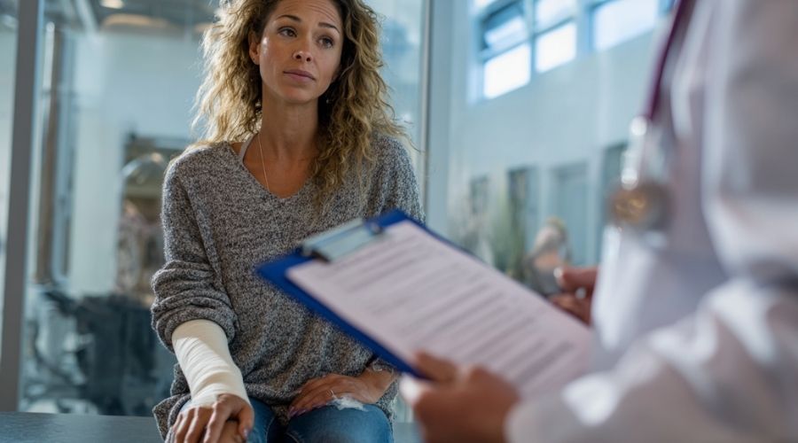 Regreso al trabajo después de una lesión laboral 1 Trabajador lesionado sentado en un consultorio médico revisando el formulario de reincorporación al trabajo con el médico, portapapeles visible, entorno de atención médica profesional, iluminación natural, tono serio pero tranquilizador