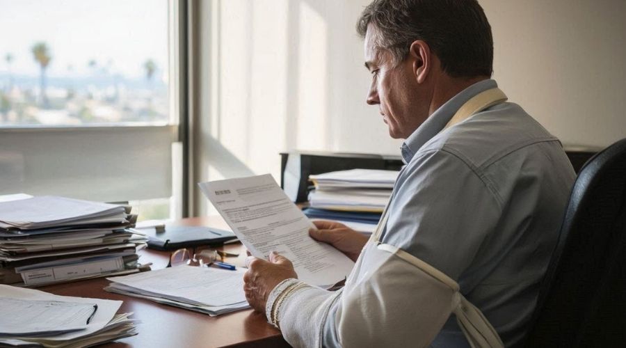 Can You Sue an Employer Outside of Workers’ Comp? 1 Over-the-shoulder view of injured worker reviewing legal paperwork at desk, sling visible on arm, courthouse building faintly visible outside window, stacks of documents on desk.